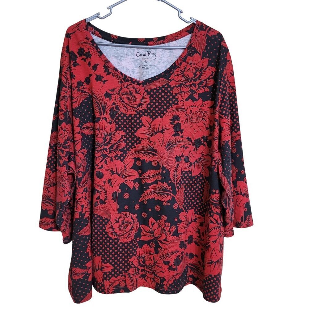 Coral Bay Womens 3X Red & Black Floral Polka Dark Bloomcore Whimsygoth